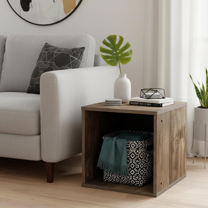 Lavish Home Cube Storage Organizer – Modular Stackable Bookshelf, Customizable Cube Shelf Bookcase, Nightstand or End Table for Living Room, Bedroom, Dorm (Gray Woodgrain)