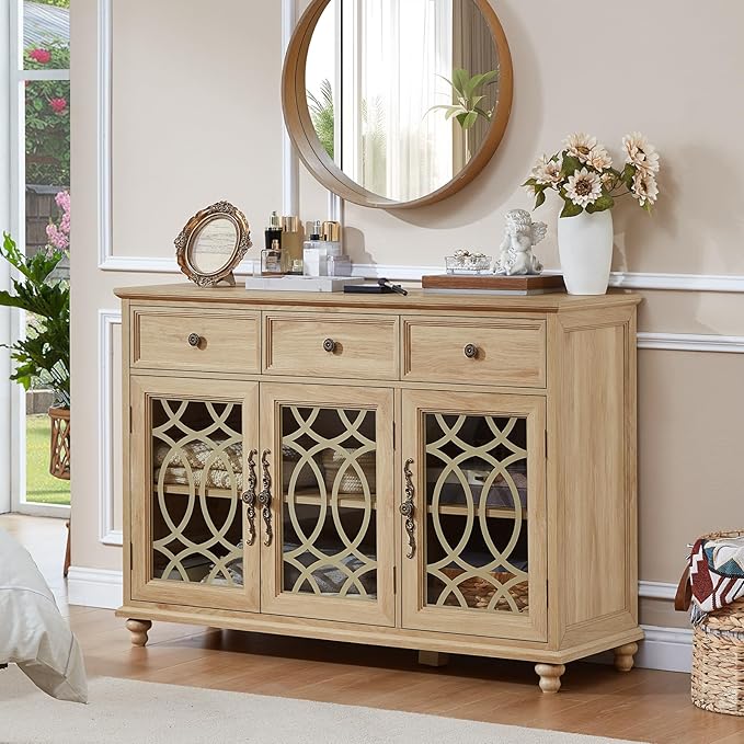 Large Sideboard Buffet Cabinet with Storage,48" Credenza with 3 Glass Doors & 3 Drawers,Adjustable Shelves Coffee Bar,Wood Kitchen Console Table for Dining Room,Living Room,Natural