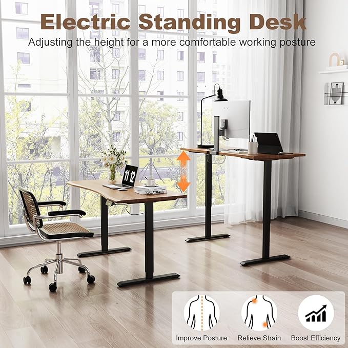 Solid Wood Electric Standing Desk 47.2"x23.6"Home Office Desk,Adjustable Workbench with 3 Stages Single Motor, Computer Workstation with T-Shaped Metal Bracket,Walnut Standing Table for Gaming(1 Box)