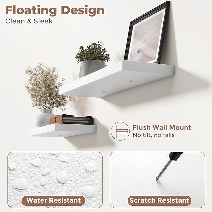 48 Inch Floating Shelves for Wall Set of 2, 8"D Wood Grain Bathroom Shelves with Invisible Brackets, Easy Install Engineered Wood Storage Shelves for Kitchen, Living Room, Bedroom, White Finish