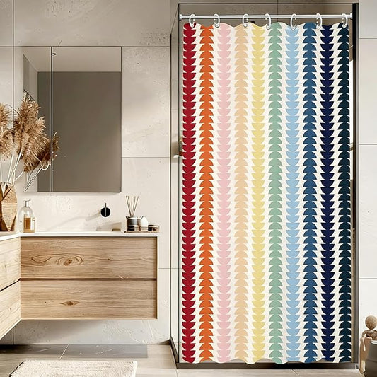 Modern Geometric Shower Curtain, Vintage Rainbow Mid-Century Abstract Art Design Bath Curtains for Bathroom, Colorful Semicircular Pattern Waterproof Polyester Fabric Bathroom Set 12 Hooks 36X72IN