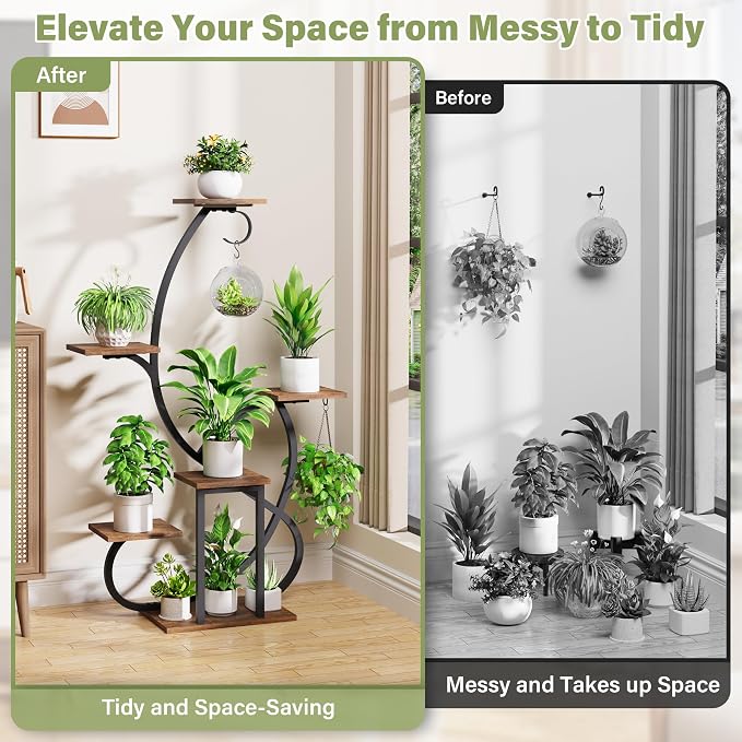 Plant Stand Indoor with Grow Lights, 6 Tiered Corner Plant Shelf , 47'' Plant Stands for Multiple Plants, Metal Curve Shaped Plant Holder Display Rack , Flower Stands for Living Room Patio Home Decor