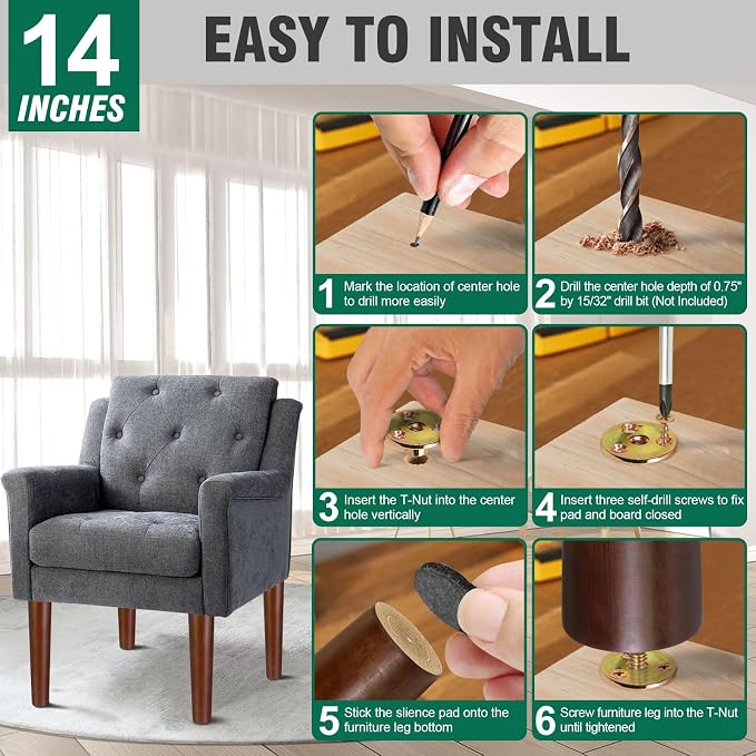 FoDau770 Brown Rubber Wood Furniture Legs 14 Inches, 5/16" UNC Straight Tapered Wood Feet Mid Century Sofa Legs, Wooden Furniture Feet Replacement Parts for Cabinet Couch Dresser Chair Ottoman Table