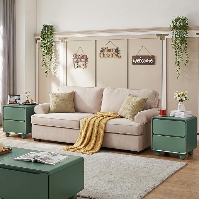 AVZEAR Modern 2 Drawer Dresser, 2 Drawer Nightstand Small Wooden Dresser Chest of Drawers, Handle Free & Curved Profile Design Sofa End Table for Living Room, Nursery, Green