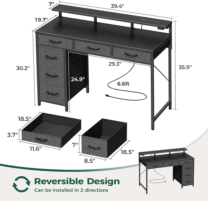 Huuger Gaming Desk with 6 Drawers, Computer Desk with LED Lights Power Outlets and Type-C, 39 Inch Office Desk with Storage, Monitor Stand, Writing Desk Work Desk Home Office, Bedroom, Study, Black