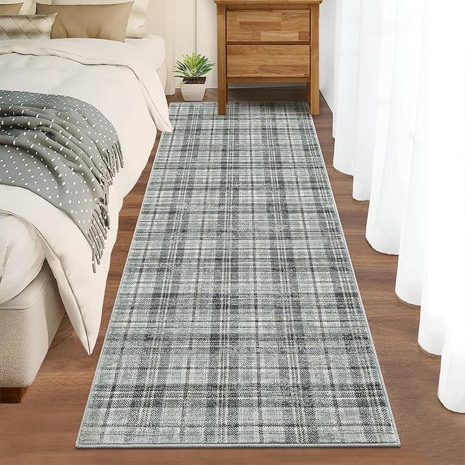 Washable Runner Rug 2x8 Modern Entryway Rug Tartan Plaid Non Slip Kitchen Rugs Hallway Runners Soft Carpet for Bedroom Bath Mat Stain Resistant 2'x8' Greenish Grey