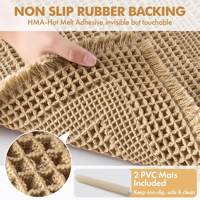 MIULEE Set of 2 Waffle Bathroom Rugs, Boho Bath Rug Super Absorbent, Non Slip Washable Ultra Soft Rubber Backed Shower Bath Mats for Floor, Tub, Shower, Looped Design, Brown, 24x36 Inch