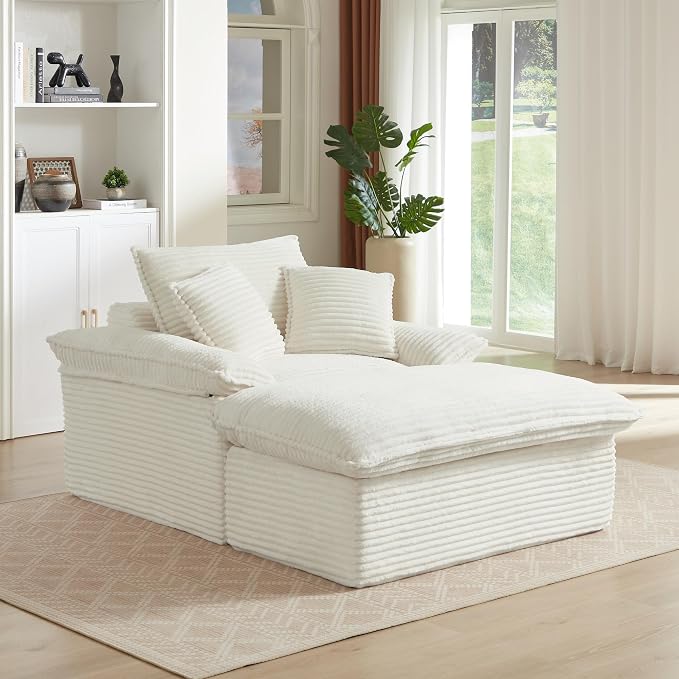 52" Boneless Chaise Lounge – Oversized Chaise Lounge Chair Indoor with Ottoman, Cup Holder & 3 Pillows, Corduroy 3-in-1 Floor Sleeper Chair Bed for Adults, Reading, Napping,White