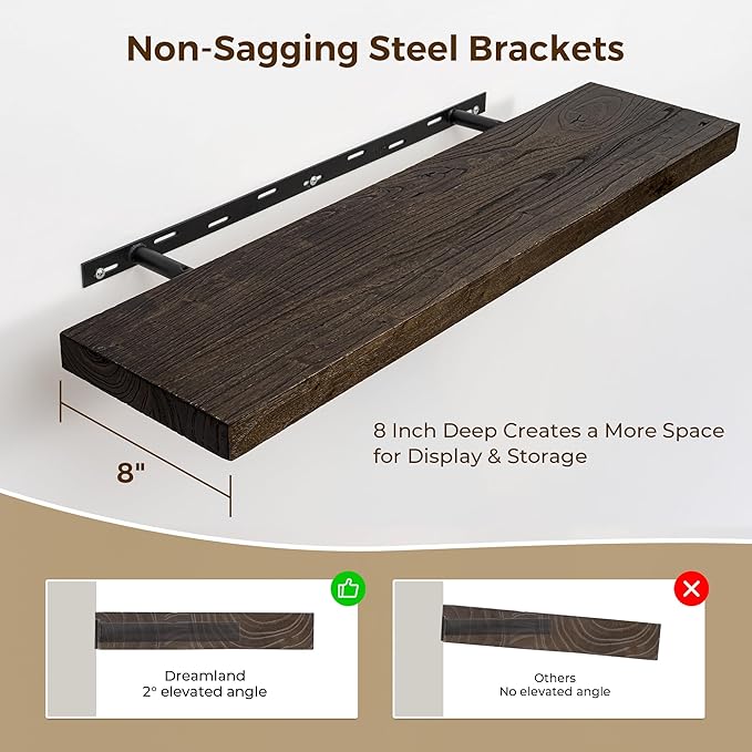 Dreamland Rustic Wood Floating Shelves for Wall Decor, Elm Wood Shelves 48 Inch Long, 8 Inch Deep Floating Shelf for Living Room Bathroom Bedroom Kitchen, 48 x 8 Wall Shelves Set of 1, Walnut Color