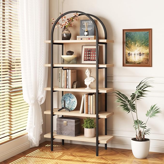 Yusong Bookshelf Rattan 5 Tier Arched Bookcase, 74" Tall Industrial Open Book Shelves for Living Room, Modern Freestanding Display Shelving Boho Storage Rack with Metal Frame for Office, Brown