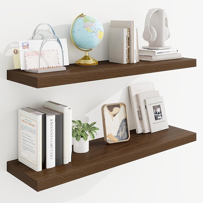 36in Floating Shelves for Wall, 36"W x 9.25"D x 1.25"H, 2 Pack Long Wall Mounted Engineered Wood Shelves with Invisible Brackets for Living Room, Bedroom, Bathroom, Kitchen Decor and Storage, Walnut