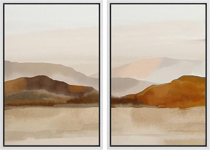 MUDECOR Framed Canvas Print Wall Art Pastel Brown Mountain Range Ocean Lake Wilderness Nature Illustrations Modern Art Decorative Calm/Relax Multicolor Rustic Minimal for Bedroom - 16"x24"x2 White