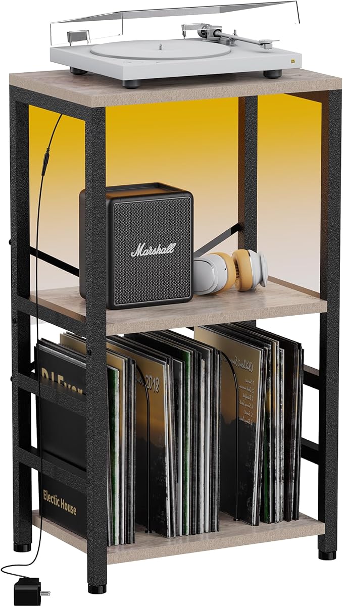 YAKANJ End Table with LED Light,Record Player Stand with Albums Storage,Vinyl Records Storage,Turntable Stand Side Table for Music Room Studio Living Room Bedroom-Greige