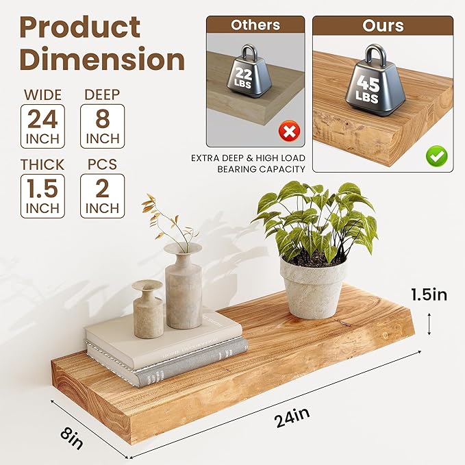 Extra Deep 24" Long Live Edge Rustic Floating Shelves for Wall, Solid Wood Wall Shelves with Invisible Bracket Mount for Living Room Bathroom Bedroom Kitchen, Set of 2, Natural