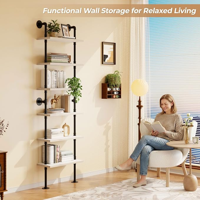 Industrial Ladder Pipe Shelves, Wall Mounted Wood Metal Rustic Bookshelf for Living Room (White, 6 Tier - 10" D x 24" W x 82.5" H)