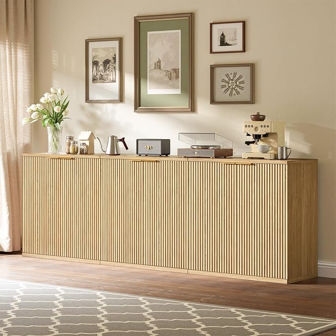 Evermagin 126" Oak Buffet Cabinet with Storage, Large Sideboard Cabinet, Boho Fluted Accent Credenza for Dining Room, Kitchen, and Living Room