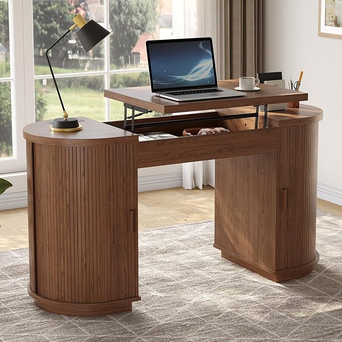 ONBRILL 59 Inches Office Desk with Lift Top, Fluted Executive Desk w/Charging Outlets, Mid-Century Modern Computer Desk with Storage, Curved Study Desk for Work/Study/Writing, Walnut