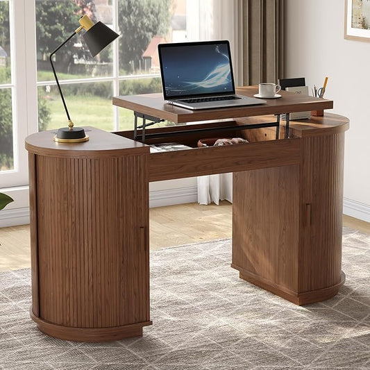 ONBRILL 59 Inches Office Desk with Lift Top, Fluted Executive Desk w/Charging Outlets, Mid-Century Modern Computer Desk with Storage, Curved Study Desk for Work/Study/Writing, Walnut