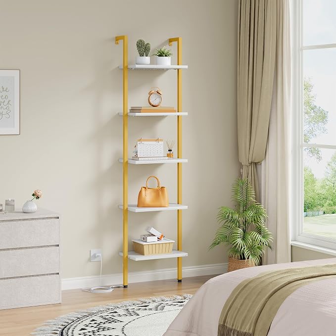 Tajsoon 5 Tier Ladder Shelf with Light, Wooden Wall Mounted Book Shelf, Wall Mounted Ladder Bookshelf with Metal Frame, Industrial Ladder Bookshelf for Office, Living Room, Bedroom, Gold & White