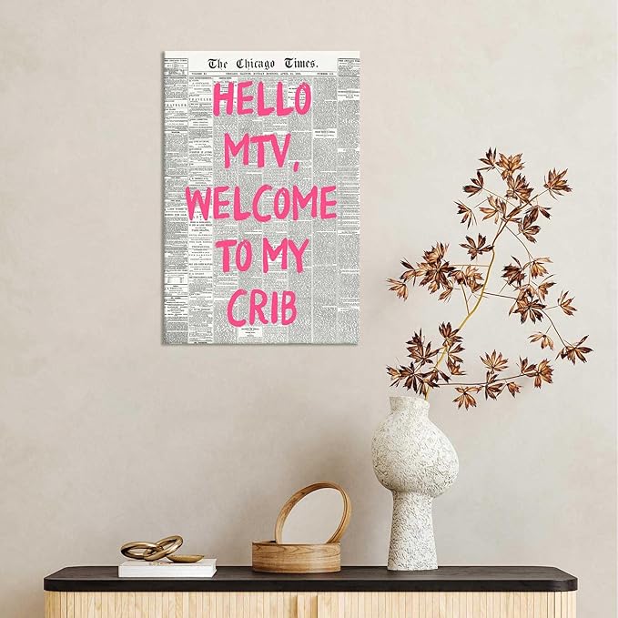 Retro Hello Mtv Welcome To My Crib Posters Pink Font Newspaper Canvas Wall Art Positive Affirming 70'S Room Aesthetic Prints Painting For Home Bedroom Dorm Wall Decor 8x12in Wframed