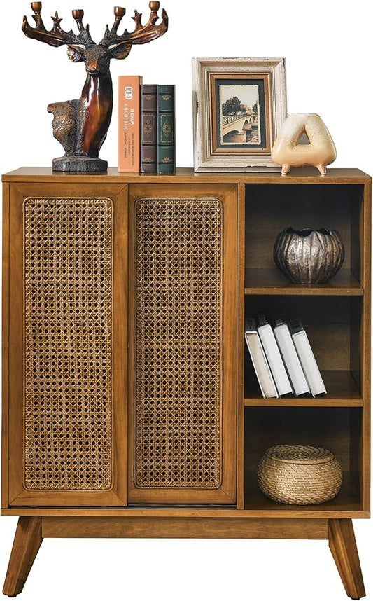 LKTART Mid Century Modern Storage Cabinet with Rattan Sliding Doors and Open Shelves, Boho Style Wooden Sideboard Buffet for Living Room,Light Walnut