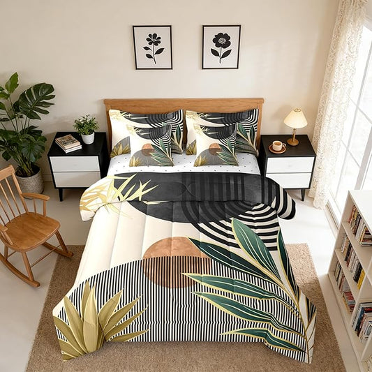 Erosebridal Mid Century Modern Bedding Sets Queen Boho Botanical Minimalist 7 Piece Comforter Set,Vintage Line Art Bed in a Bag Modern Simple Aesthetic Sheet Set with Comforter,Black Beige