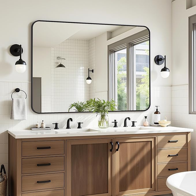 Bathroom Mirrors for Over Sink 40" x 30", Black Metal Frame Rounded Corner Rectangle Wall Mirror, Modern Farmhouse Vanity Mirror(Horizontal/Vertical)