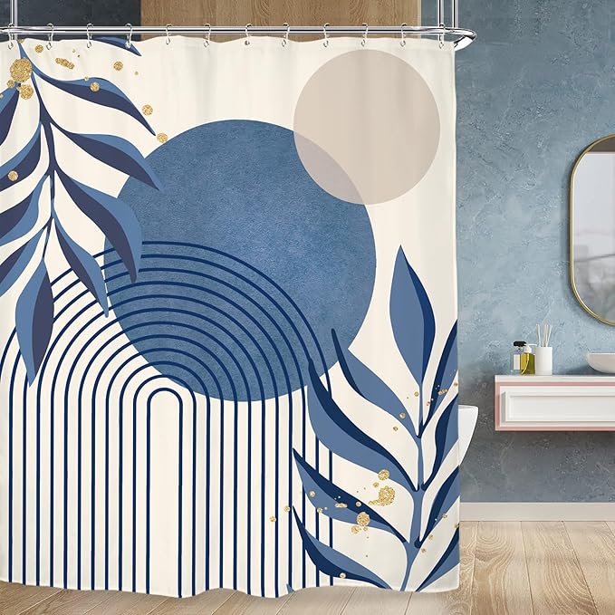 Miyotaa Abstract Minimalist Blue Shower Curtain Set 60Wx71H Inches Aesthetic Modern Geometric Neutral Contemporary Plant Leaves Polyester Waterproof Cloth Bathroom Curtain with 12 Hooks