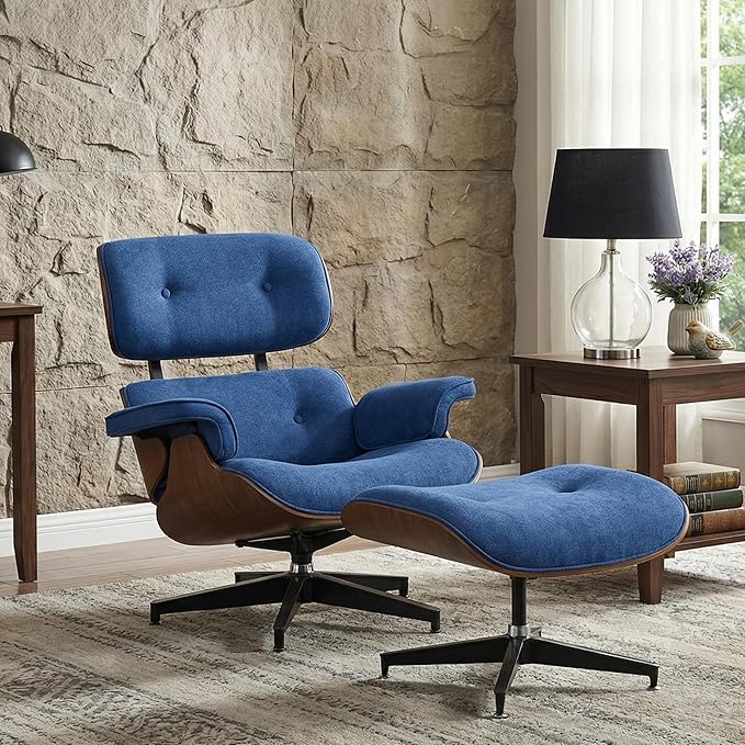 Chaise Lounge Chair with Ottoman, Top Black Grain Leather Recliner Chair, Modern Classic Office Chair with Ergonomic Lumbar Support, Heavy Duty Base Support for Bedroom Living Room Office (Blue)