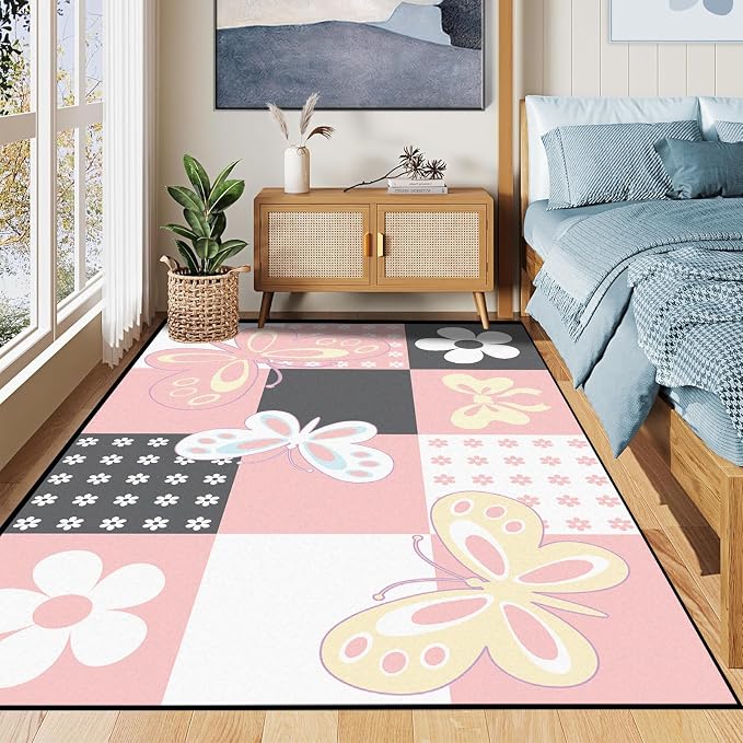 5'x7' Butterfly Area Rug Pink Butterfly Checkered Rugs for Bedroom Living Room Nursery Kitchen Playroom Home Decor Cute Flower Carpet Washable Non Slip Floor Mat