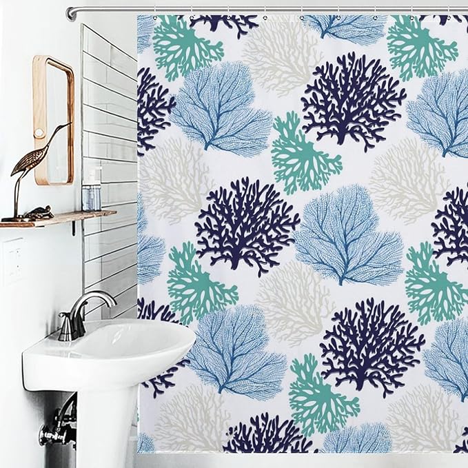 Nautical Coastal Shower Curtains,Blue Teal Beach Ocean Theme Shower Curtain for Bathroom Decor,Summer Tropical Seashell Starfish Coral Fabric Shower Curtain Set with Hooks,72x72Inch