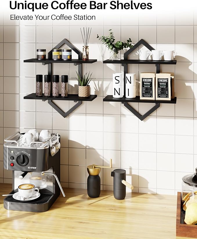 Floating Shelves, Set of 2 Wall Shelf, Wall Mounted Decorative Shelves, 2-Tier Modern Geometric Hanging Storage Shelf for Living Room, Bedroom, Kitchen, Office, Study (Black)