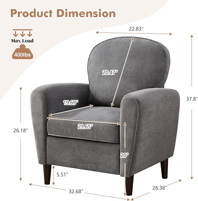 Accent Chair Set of 2, Mid Century Modern Arm Chair with Thick Cushion and Back, Comfy Upholstered Reading Chair Single Sofa Chair for Living Room, Bedroom, Club, Dark Grey