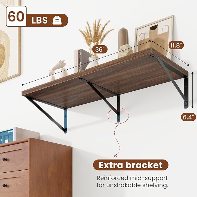 Deep Wall Shelves 36"W x 12"D Engineered Wood Floating Shelves for Wall, Sturdy Metal Bracket Bookshelves Home Decor Storage for Living Room Bedroom Bathroom Kitchen, Set of 2, Walnut Finish