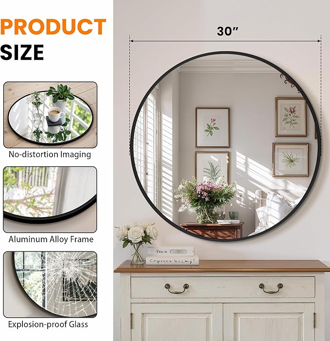 Round Bathroom Mirror for Wall, 2 Pack 30 inch Circle Bathroom Mirrors for Over Sink, Modern Circular Metal Frame for Vanity, Entryway, Bedroom, Living Room(Black)