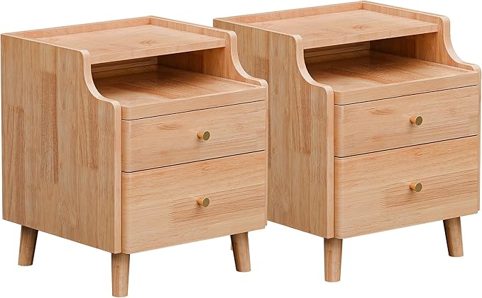Nightstand Set of 2, Pre-Assembled, 19.7“H Solid Wood Night Stand with 2 Drawers, Open Sliding Shelf, Mid Century Modern Small Bedside Table for Bedroom, End Side Table, Natural Oak