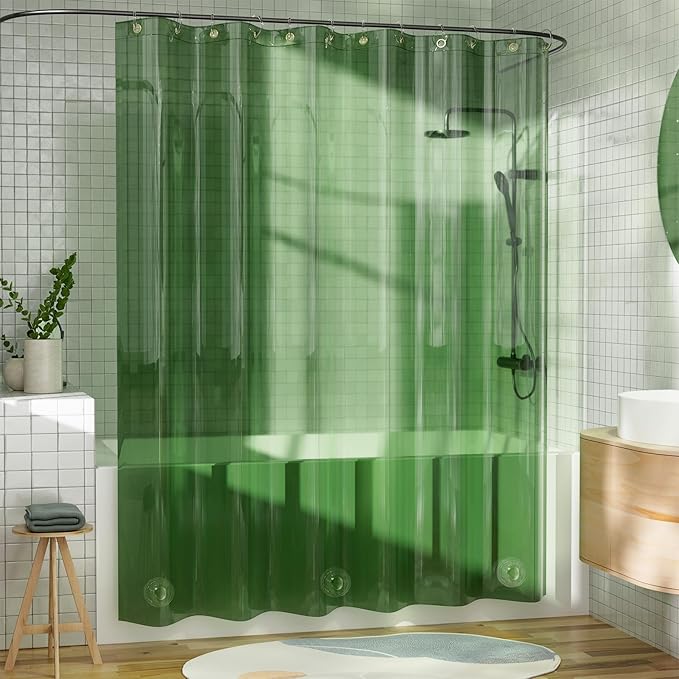 AmazerBath Long Shower Curtain Liner, 100% EVA Soft Clear Green Heavy Duty 78 inch Shower Curtain and Liner 2-in-1, 72x78 Plastic Bathroom Shower Curtain, 12 Rustproof Grommets & 3 Weighted Stones