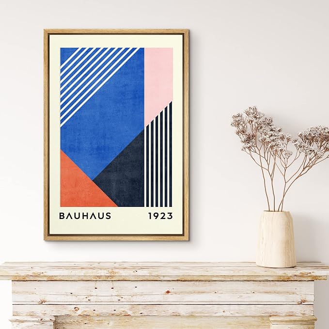 MUDECOR Framed Canvas Print Wall Art Blue Pink Orange Geometric Bauhaus Collage Abstract Shapes Illustrations Fine Art Mid-Century Modern Multicolor for Living Room, Bedroom, Office - 16"x24" Natural