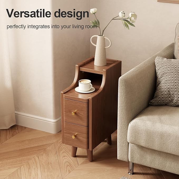 Narrow Nightstand with 2 Drawers,Walnut Nightstand,Bedside Table,Solid Wood Modern Bedside Table for Bedroom,Study,Toilet