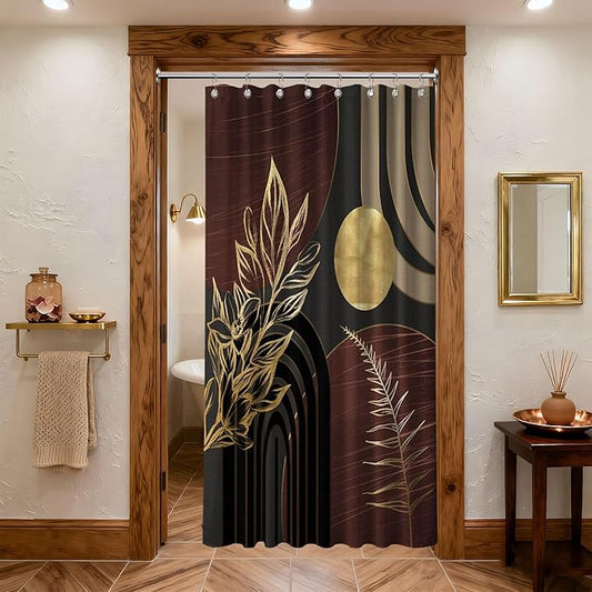 Dark Brown and Black Shower Curtain Boho Mid Century Gold and Brown Shower Curtains for Bathroom Decor, Waterproof Cloth Fabric with Hooks, 48" W x 72" L