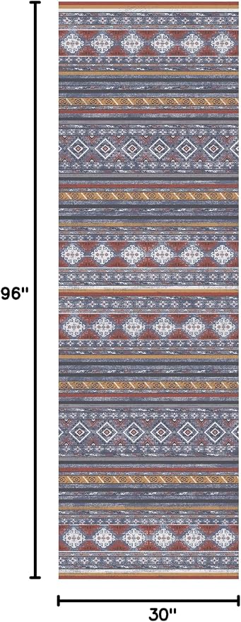 RUGSURE Washable Area Rugs 2'6'' x 8' - 1/6 Thick - Moroccan-Inspired -Stain & Water Resistant Non-Slip - Resistant Rug for Living Room, Bedroom, Nursery, Pet & Child Friendly (Blue and Red)
