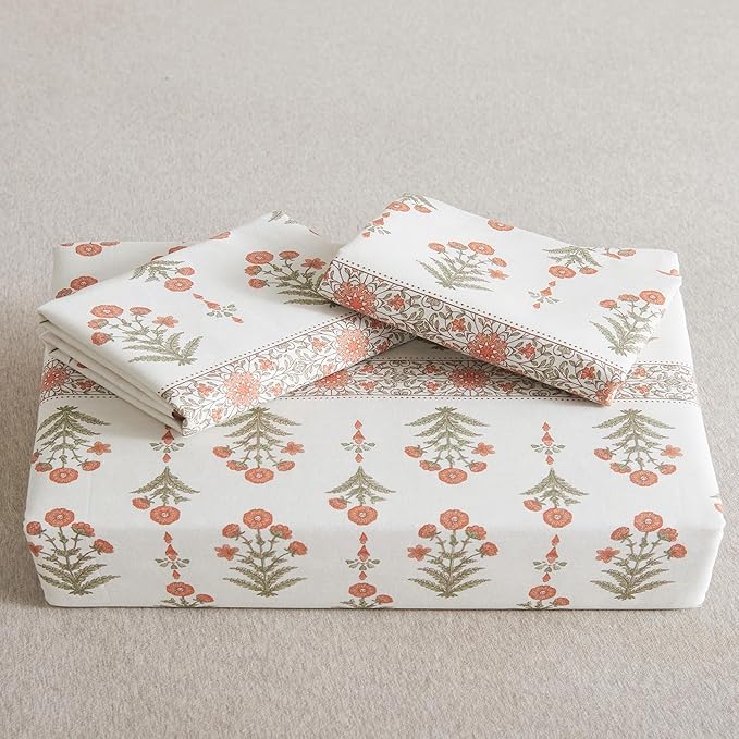 HoneiLife Floral Duvet Cover Twin - 100% Cotton Comforter Cover Wildflower Duvet Cover Sets, Botanical Duvet Cover with Zipper Closure & Corner Ties, 2-PCS Orange Comforter Cover Sets