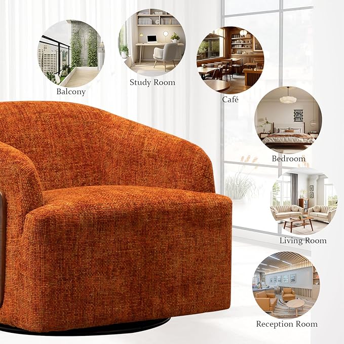 Swivel Accent Chair Linen Swivel Barrel Chair Comfortable Mid Century Modern Chair Upholstered Metal Base Armchair for Living Room Bedroom Office Large Vintage Orange