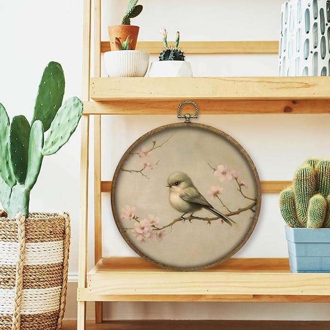 CGBHW Vintage Bird Round Wall Art Decor, Retro Rustic Bird Canvas Prints Framed, Farmhouse Cottagecore Floral Wall Art Hanging Decor for Home Gallery Bedroom Living Room Decorations, 10x10 Inch