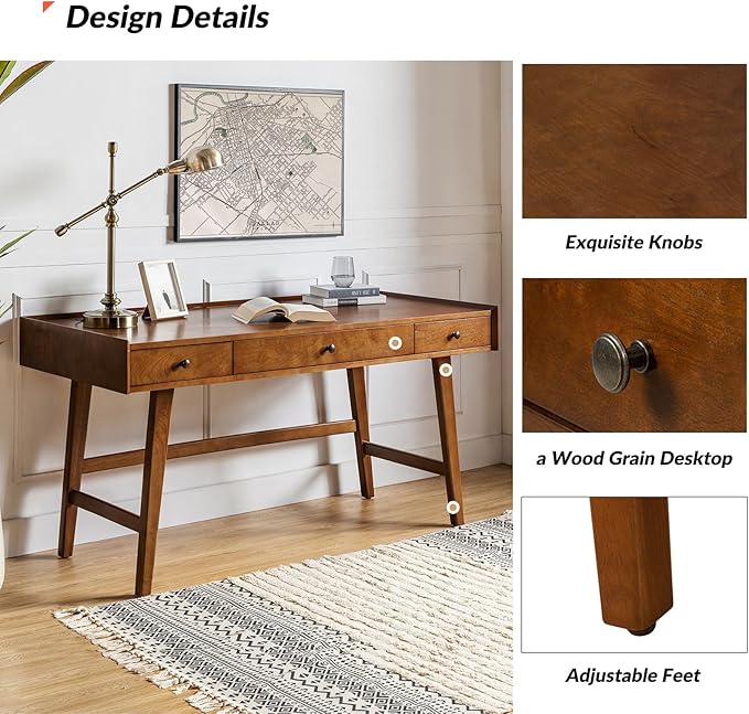 HULALA HOME Home Office Desk with 3 Drawers & Solid Wood Legs, Writing Table with Charging Station & Cable Management, Mid Century Modern Desk for Bedroom/Living Room/Study/Workstation, Walnut