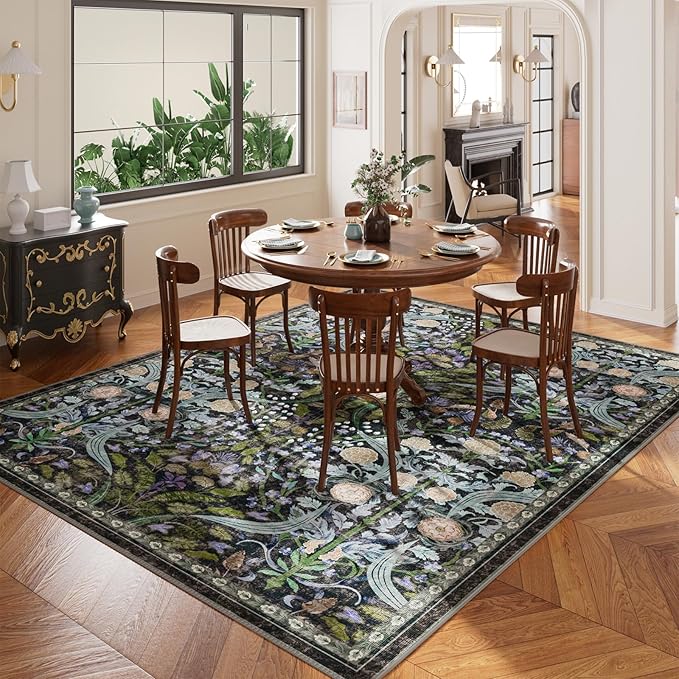 AMTOVO 9x12 Washable Area Rugs for Living Room, Non-Slip&Non-Shedding Floral Large Soft Boho Vintage Print Carpet for Bedroom Girls Room Dorm Dining Room Farmhouse Nursery Home Office, Black