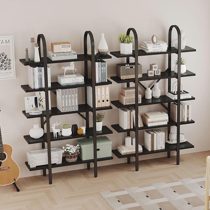 Wide Bookshelf Arched Bookcase, Industrial 5 Tier Open Book Shelves with Metal Frame, 72" Tall Freestanding Heavy Duty Display Rack for Home Office, Living Room,Black,Easy Assembly