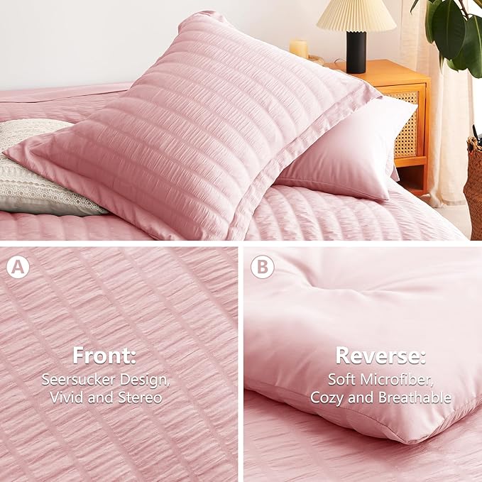 CozyLux Full Size Comforter Sets Pink, 7 Pieces Seersucker Textured Luxury Bed in a Bag, All Seasons Soft Bedding Sets with Down Alternative Comforter, Sheets, Pillowcases & Shams, Home Gift