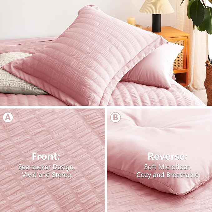 CozyLux King Size Comforter Set Pink, 7 Pieces Seersucker Textured Luxury Bed in a Bag, All Seasons Soft Bedding Sets with Down Alternative Comforter, Sheets, Pillowcases & Shams, Home Gift