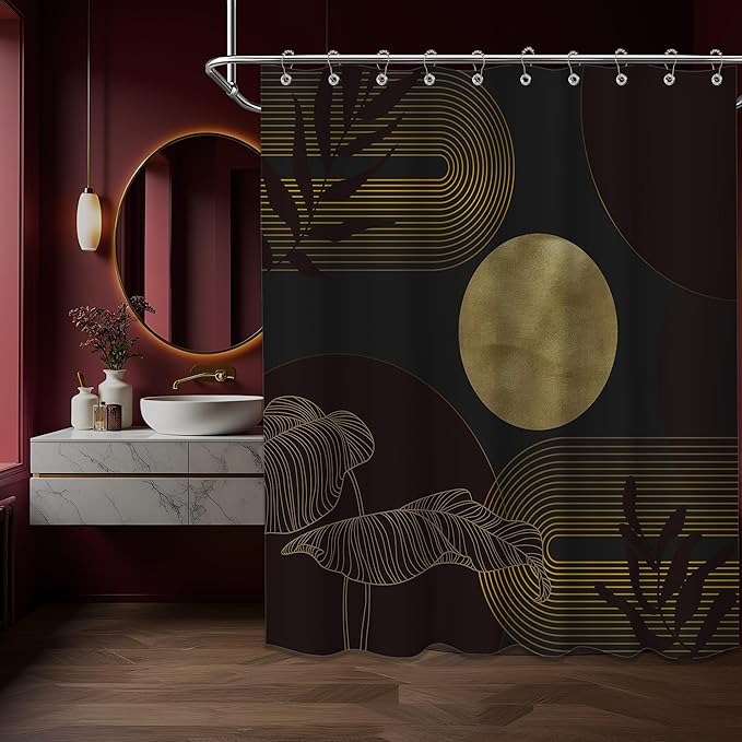 Black Dark Red and Gold Shower Curtain Burgundy Modern Shower Curtains for Bathroom Decor Boho Mid Century Bath Curtain Set, Waterproof Fabric with Hooks 60 x 72 Inch